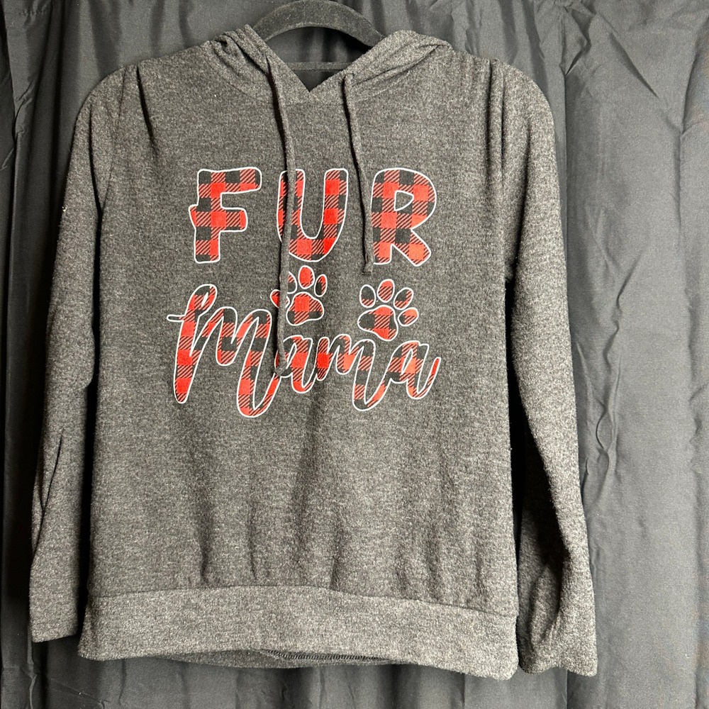 Flawless Fur Mama Buffalo Plaid Graphic Hoodie Charcoal Grey Size Small